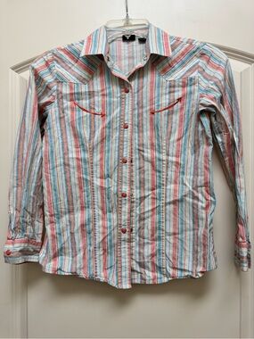 Cruel Girl Striped Button-Up in Coral, Light Blue & Cream